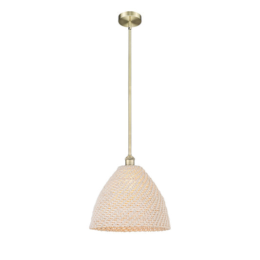 Innovations Bristol Natural 16in 1-Light Mini Pendant | Farmhouse Antique Brass and Natural Fiber Dome Shade | Kitchen Island | Model 616-1S-AB-NBD-16-NAT
