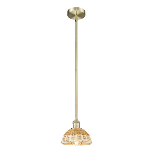 Innovations Lighting Bristol Natural II 7.5in 1-Light Mini Pendant | Industrial Antique Brass Steel and Natural Fiber Dome | Model 616-1S-AB-NBD2-75-NAT