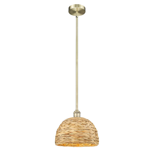 Innovations Woven Rattan 12in 1-Light Mini Pendant | Industrial Antique Brass Steel and Natural Fiber Dome Shade | Kitchen | Model 616-1S-AB-RBD-12-NAT