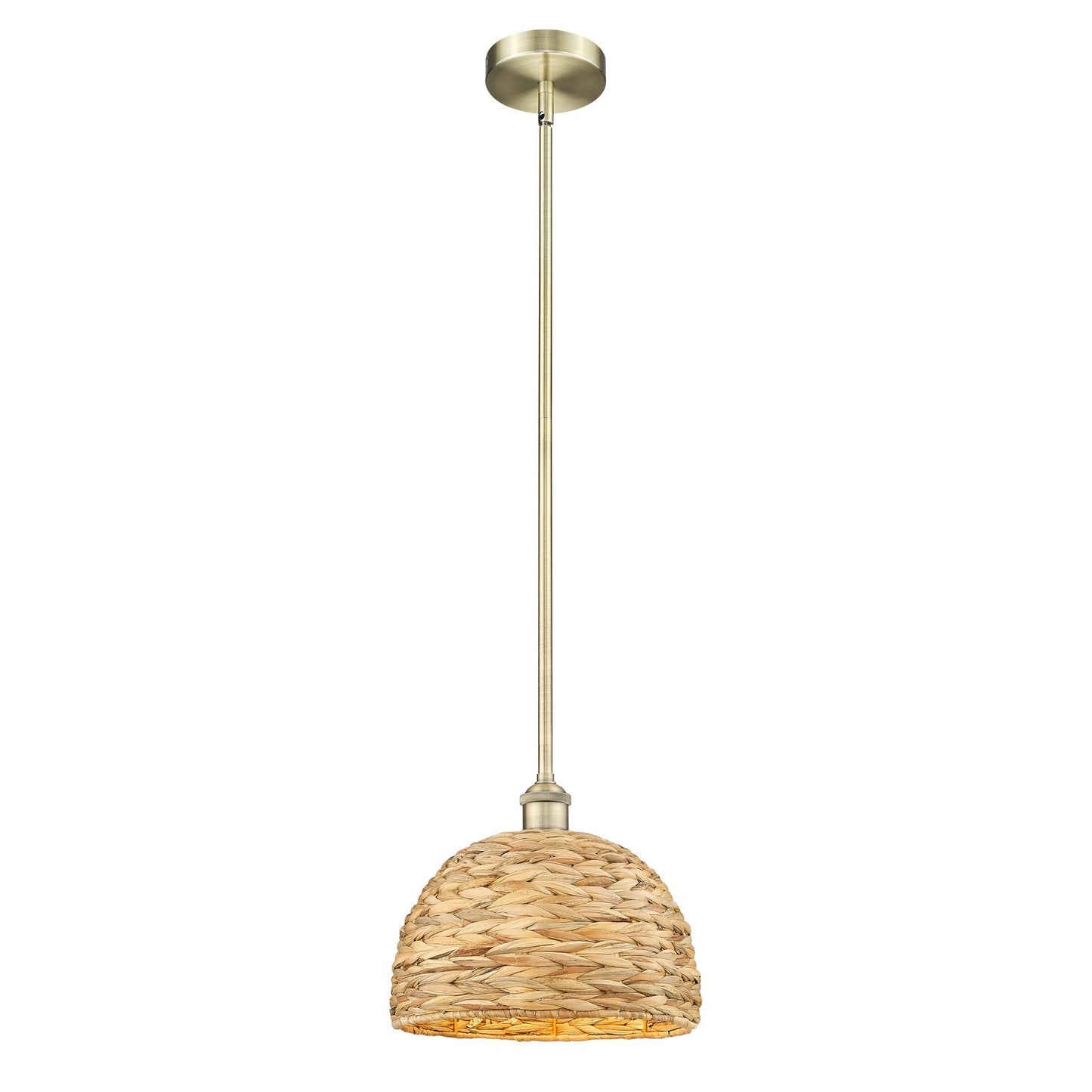 Innovations Woven Rattan 12in 1-Light Mini Pendant | Industrial Antique Brass Steel and Natural Fiber Dome Shade | Kitchen | Model 616-1S-AB-RBD-12-NAT