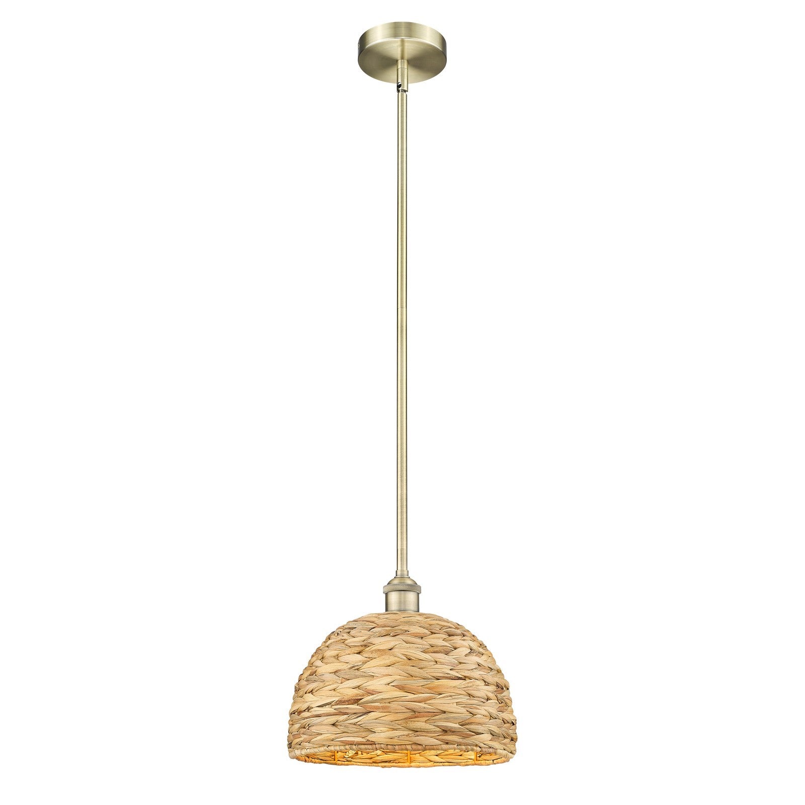 Innovations Woven Rattan 12in 1-Light Mini Pendant | Industrial Antique Brass Steel and Natural Fiber Dome Shade | Kitchen | Model 616-1S-AB-RBD-12-NAT