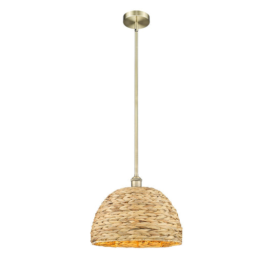Innovations Woven Rattan 16in 1-Light Mini Pendant | Industrial Antique Brass and Natural Fiber Dome Shade | Kitchen Island & | Model 616-1S-AB-RBD-16-NAT