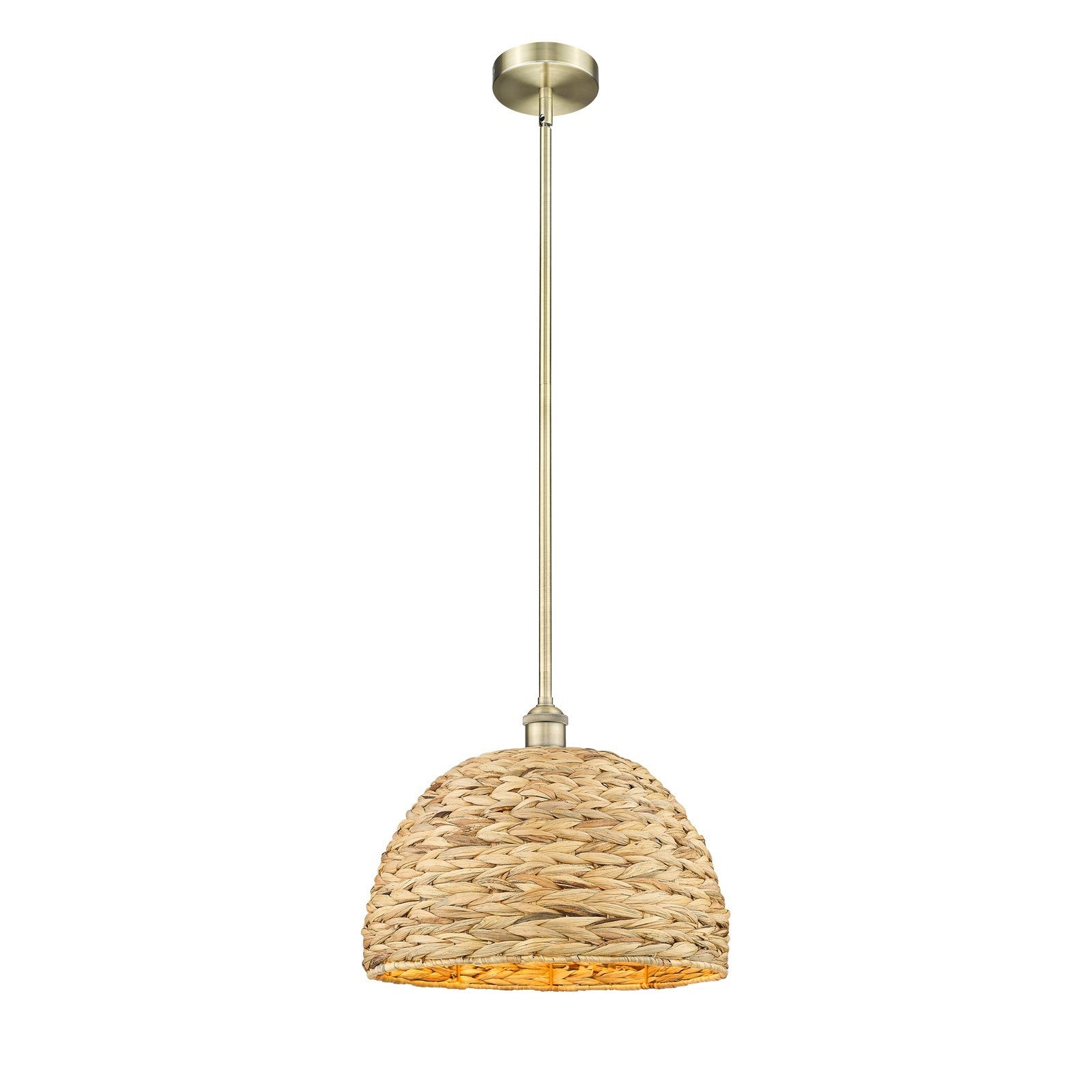 Innovations Woven Rattan 16in 1-Light Mini Pendant | Industrial Antique Brass and Natural Fiber Dome Shade | Kitchen Island & | Model 616-1S-AB-RBD-16-NAT