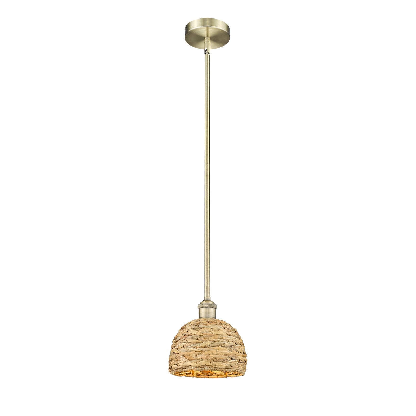 Innovations Woven Rattan 8in 1-Light Mini Pendant | Rustic Farmhouse Antique Brass and Natural Woven Rattan | Kitchen Island & | Model 616-1S-AB-RBD-8-NAT