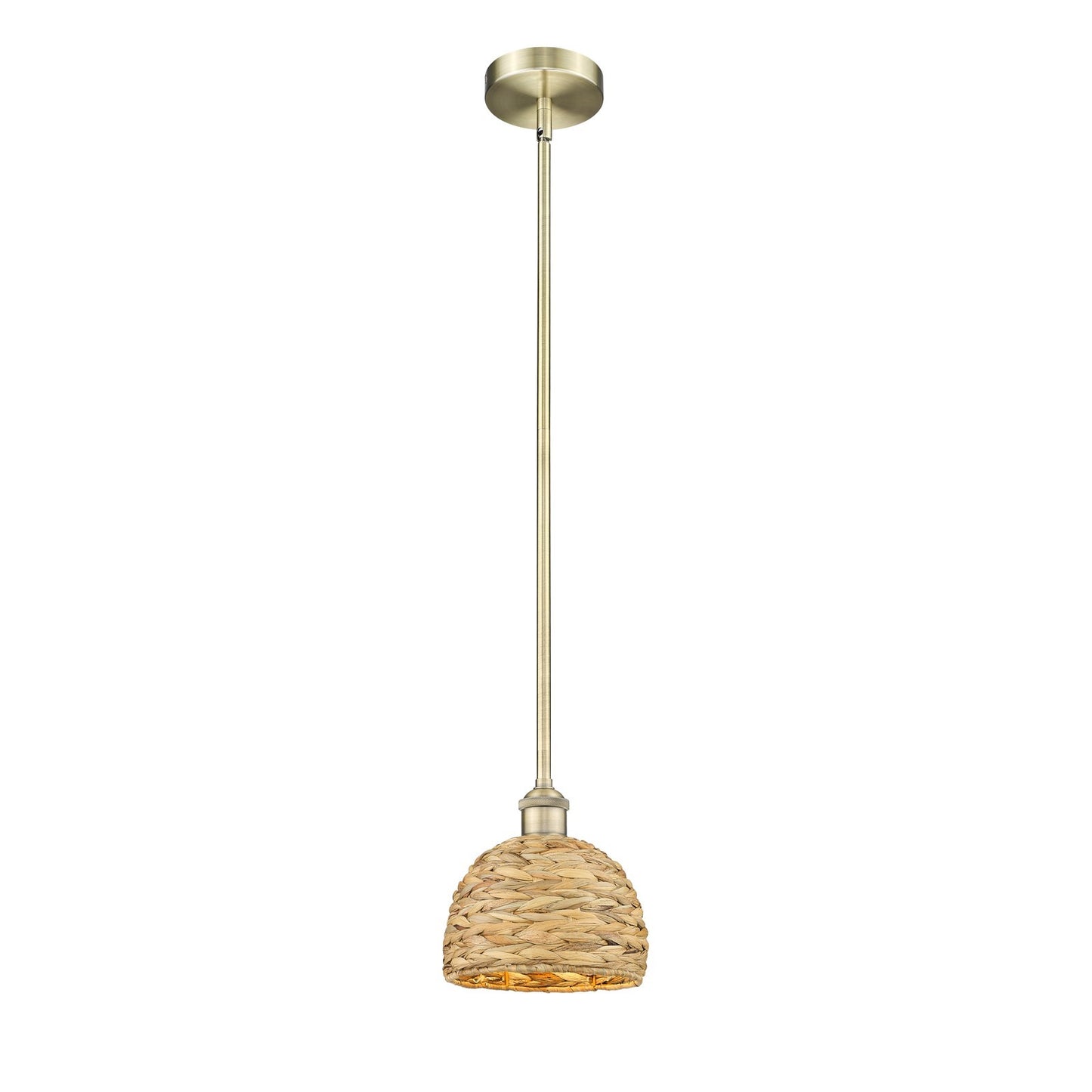 Innovations Woven Rattan 8in 1-Light Mini Pendant | Rustic Farmhouse Antique Brass and Natural Woven Rattan | Kitchen Island & | Model 616-1S-AB-RBD-8-NAT