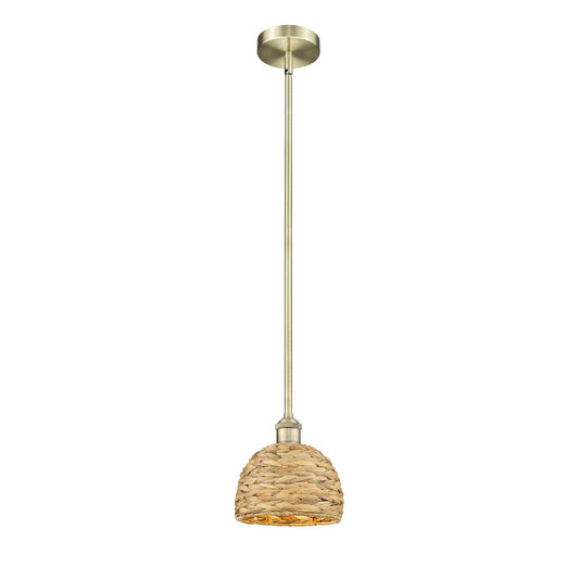 Innovations Woven Rattan 8in 1-Light Mini Pendant | Rustic Farmhouse Antique Brass and Natural Woven Rattan | Kitchen Island & | Model 616-1S-AB-RBD-8-NAT