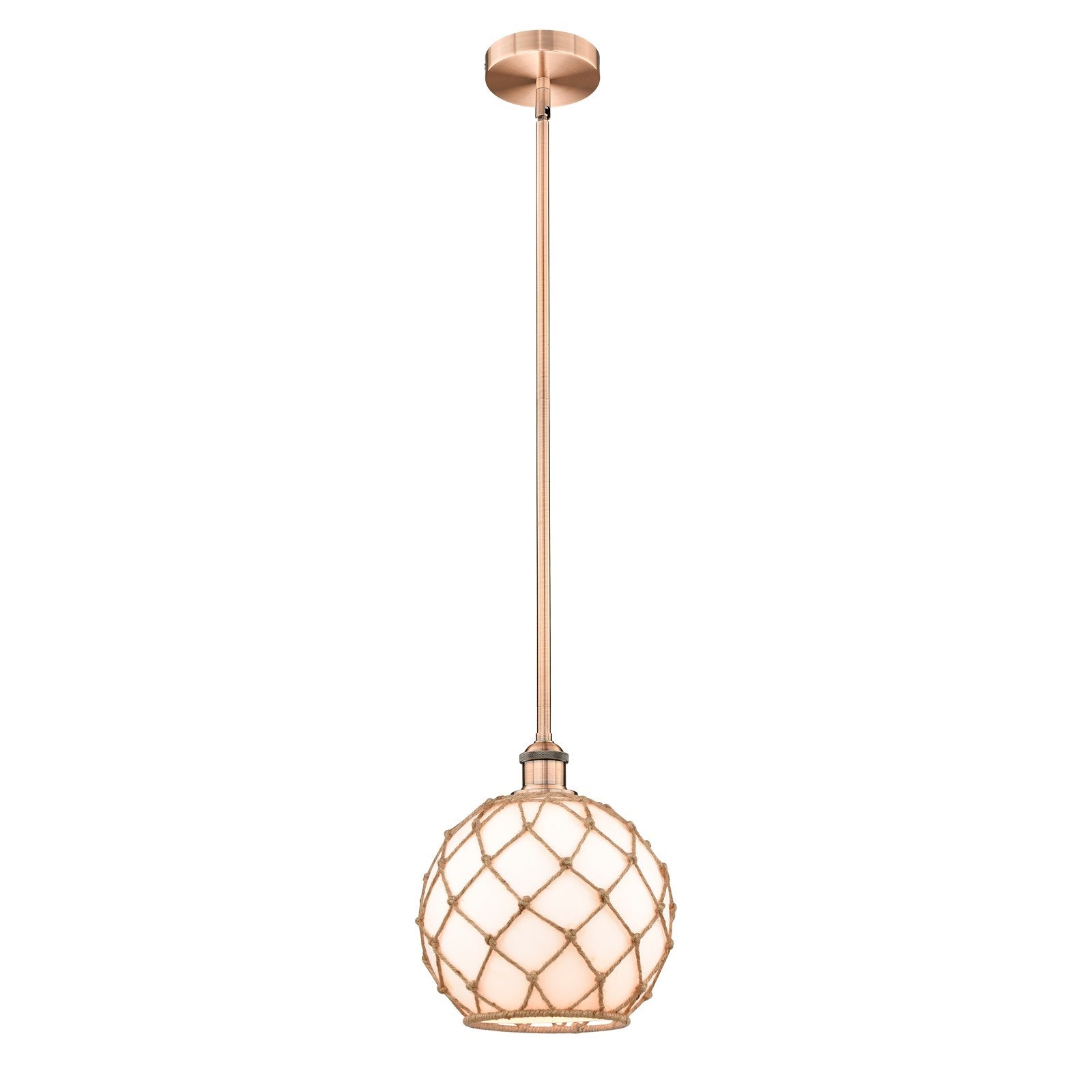 Innovations Farmhouse Rope 10in 1-Light Mini Pendant | Industrial Antique Copper Steel and White Glass with Brown Rope Shade | Model 616-1S-AC-G121-10RB