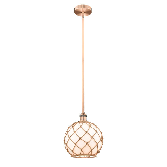 Innovations Farmhouse Rope 10in 1-Light Mini Pendant | Industrial Antique Copper Steel and Matte White Glass with Brown | Model 616-1S-AC-G121-10RB-LED