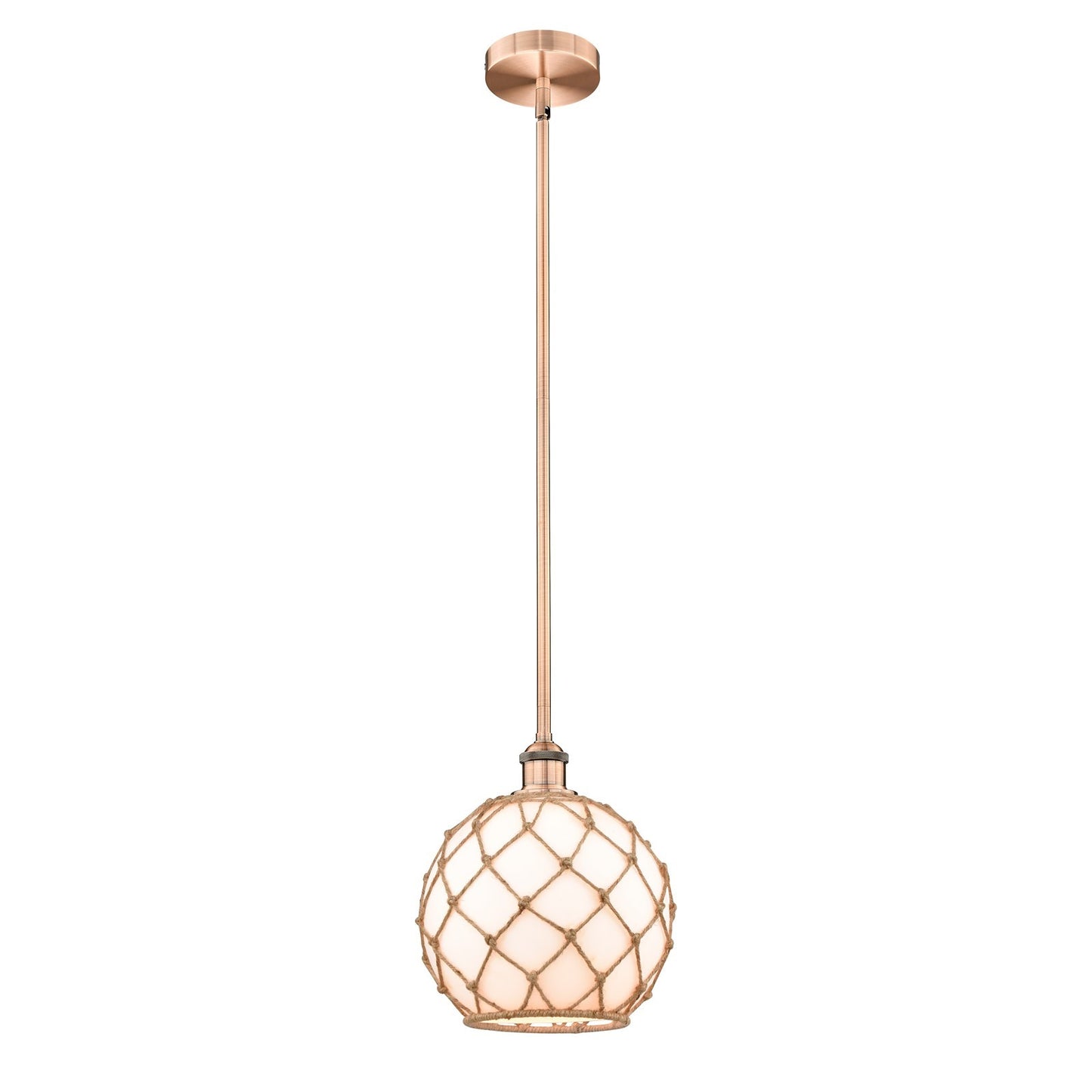 Innovations Farmhouse Rope 10in 1-Light Mini Pendant | Industrial Antique Copper Steel and Matte White Glass with Brown | Model 616-1S-AC-G121-10RB-LED