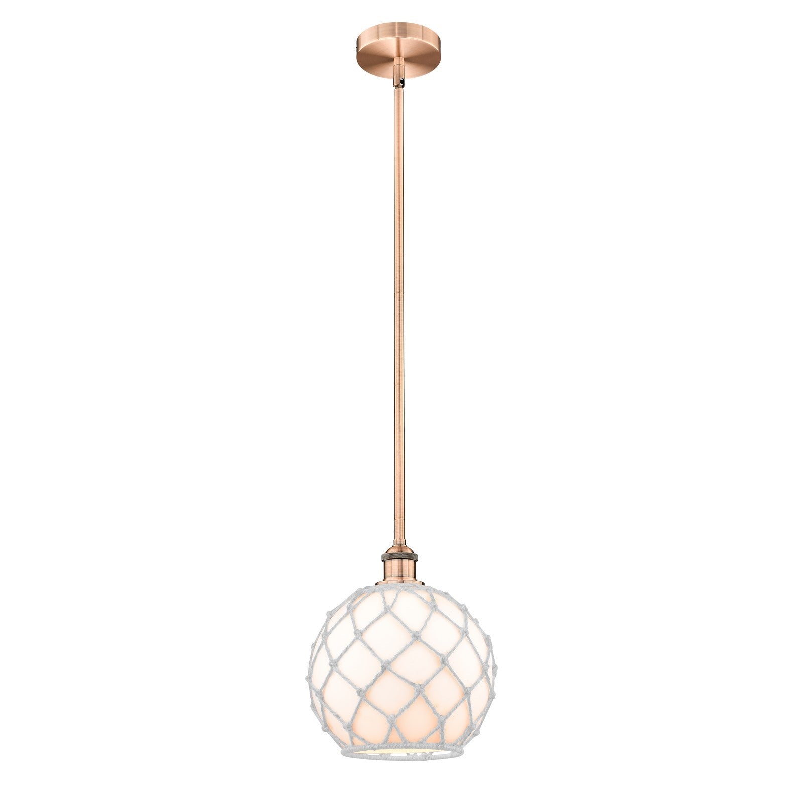 Innovations Farmhouse Rope 10in 1-Light Mini Pendant | Industrial Antique Copper Steel and White Glass with Rope Shade | Model 616-1S-AC-G121-10RW