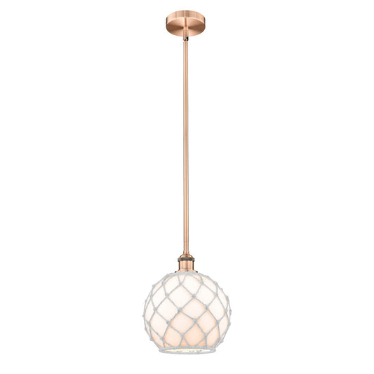 Innovations Farmhouse Rope 10in 1-Light Mini Pendant | Industrial Antique Copper Steel and White Glass with Rope Shade | Model 616-1S-AC-G121-10RW