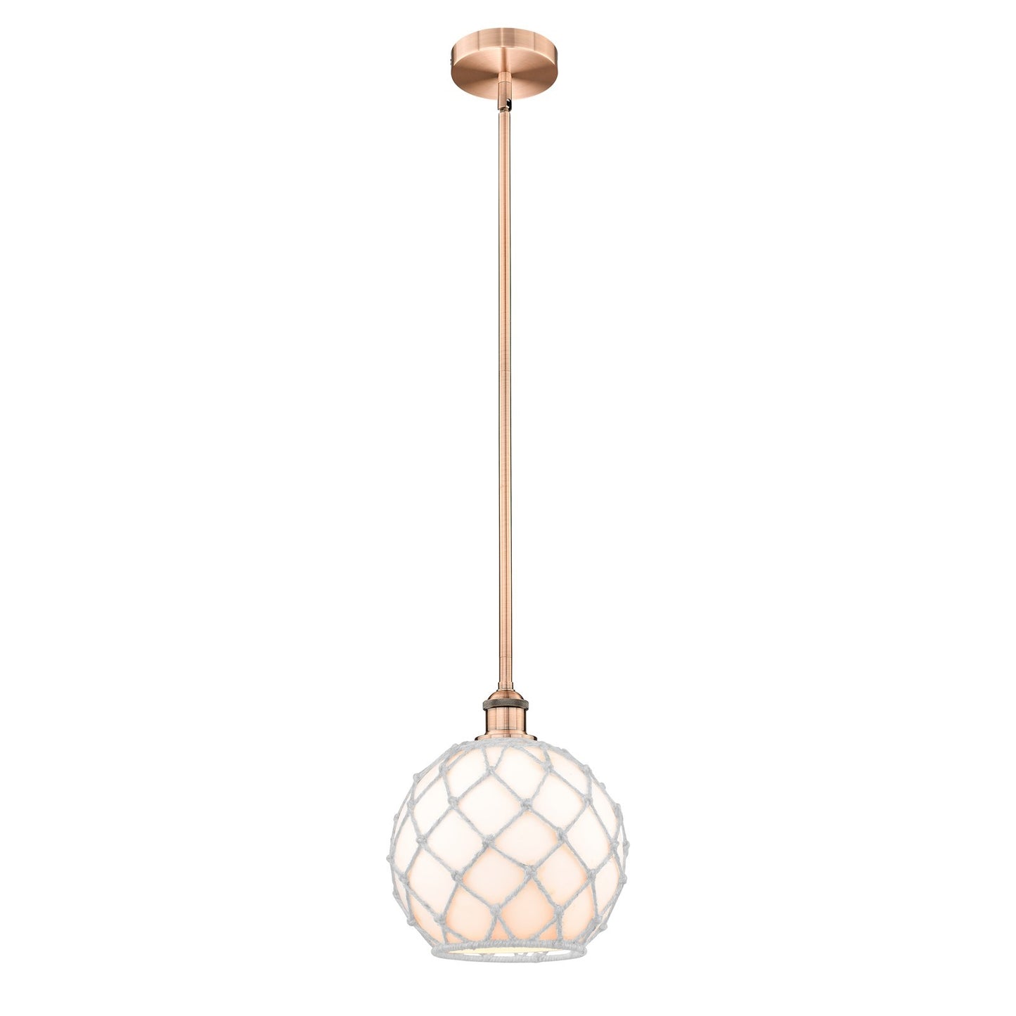 Innovations Farmhouse Rope 10in 1-Light Mini Pendant | Industrial Antique Copper Steel and White Glass with Rope Shade | Model 616-1S-AC-G121-10RW-LED