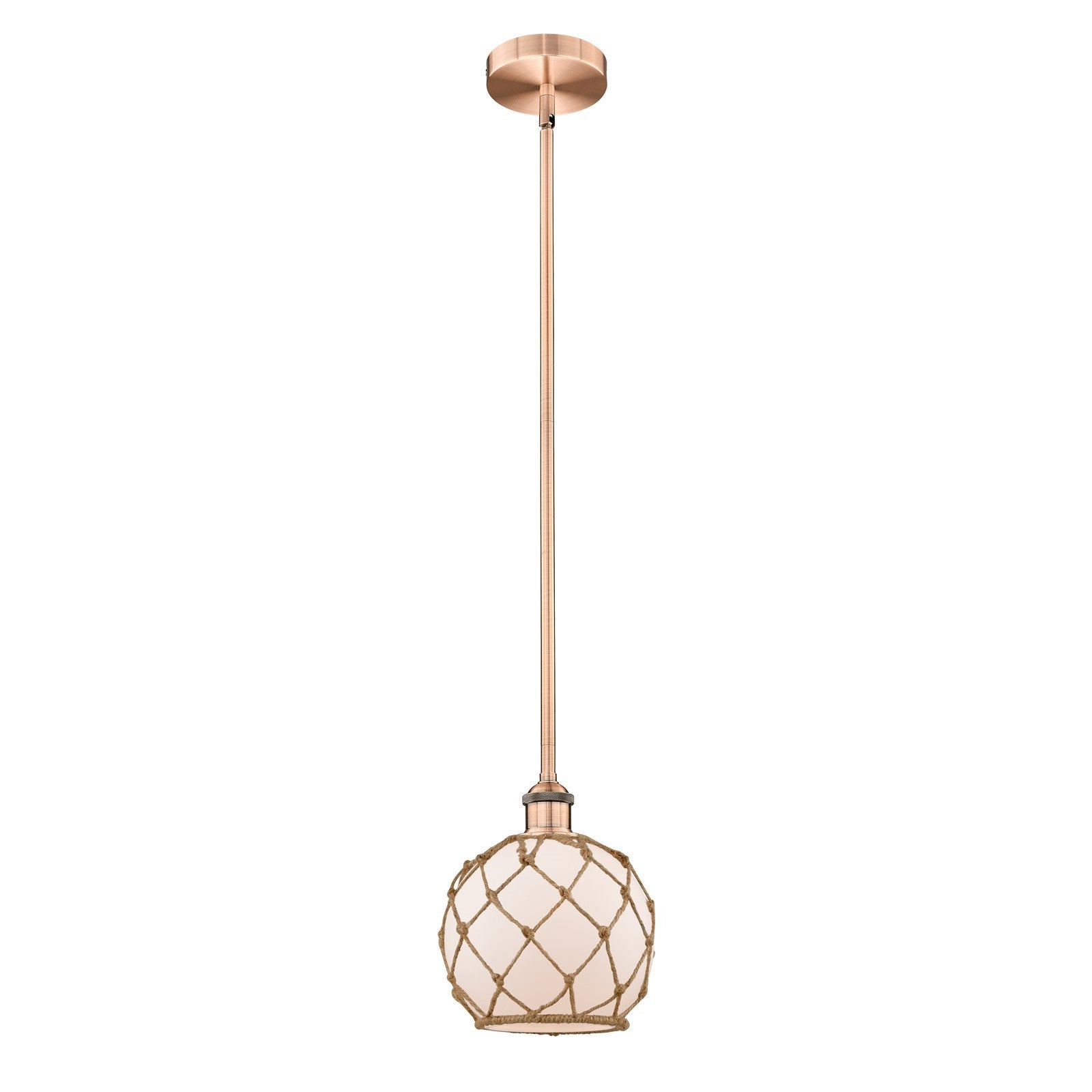Innovations Farmhouse Rope 8in 1-Light Mini Pendant | Industrial Antique Copper Steel and White Frosted Glass with Brown Rope | Model 616-1S-AC-G121-8RB