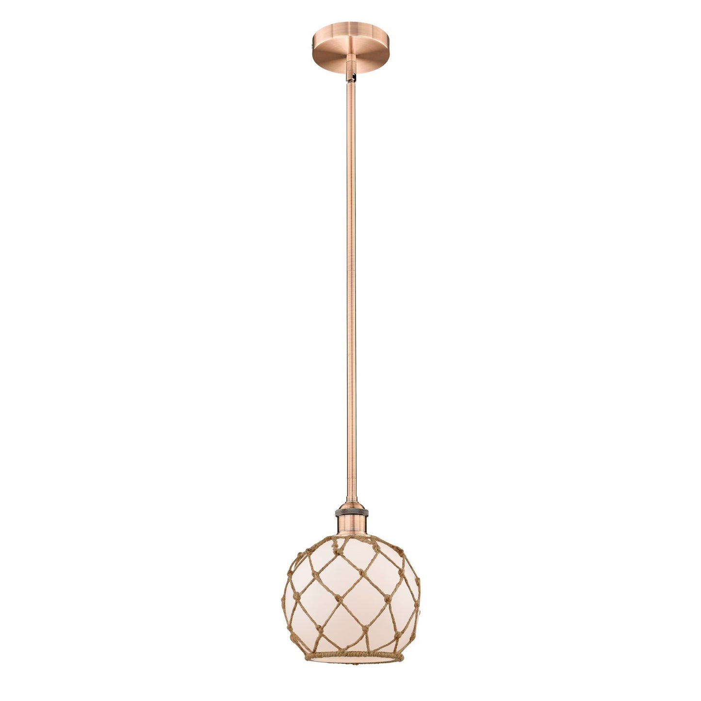 Innovations Farmhouse Rope 8in 1-Light Mini Pendant | Industrial Antique Copper Steel and White Frosted Glass with Brown Rope | Model 616-1S-AC-G121-8RB