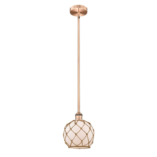 Innovations Farmhouse Rope 8in 1-Light Mini Pendant | Industrial Antique Copper Steel and White Frosted Glass with Brown | Model 616-1S-AC-G121-8RB-LED