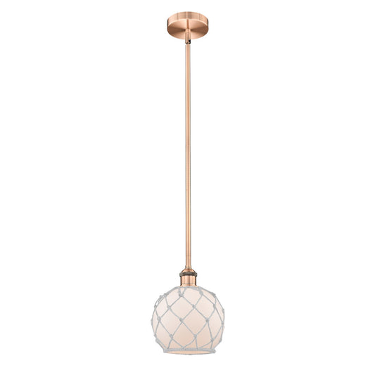 Innovations Farmhouse Rope 8in 1-Light Mini Pendant | Industrial Antique Copper Steel and White Frosted Glass with Rope | Model 616-1S-AC-G121-8RW-LED