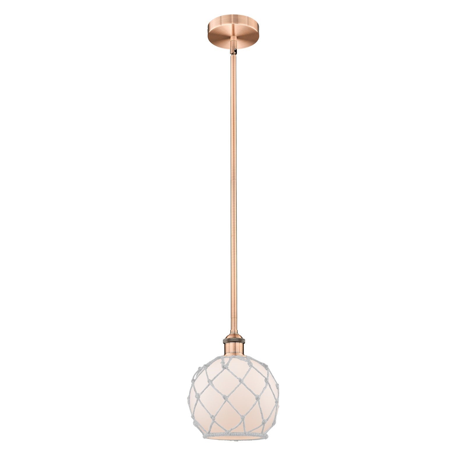 Innovations Farmhouse Rope 8in 1-Light Mini Pendant | Industrial Antique Copper Steel and White Frosted Glass with Rope | Model 616-1S-AC-G121-8RW-LED