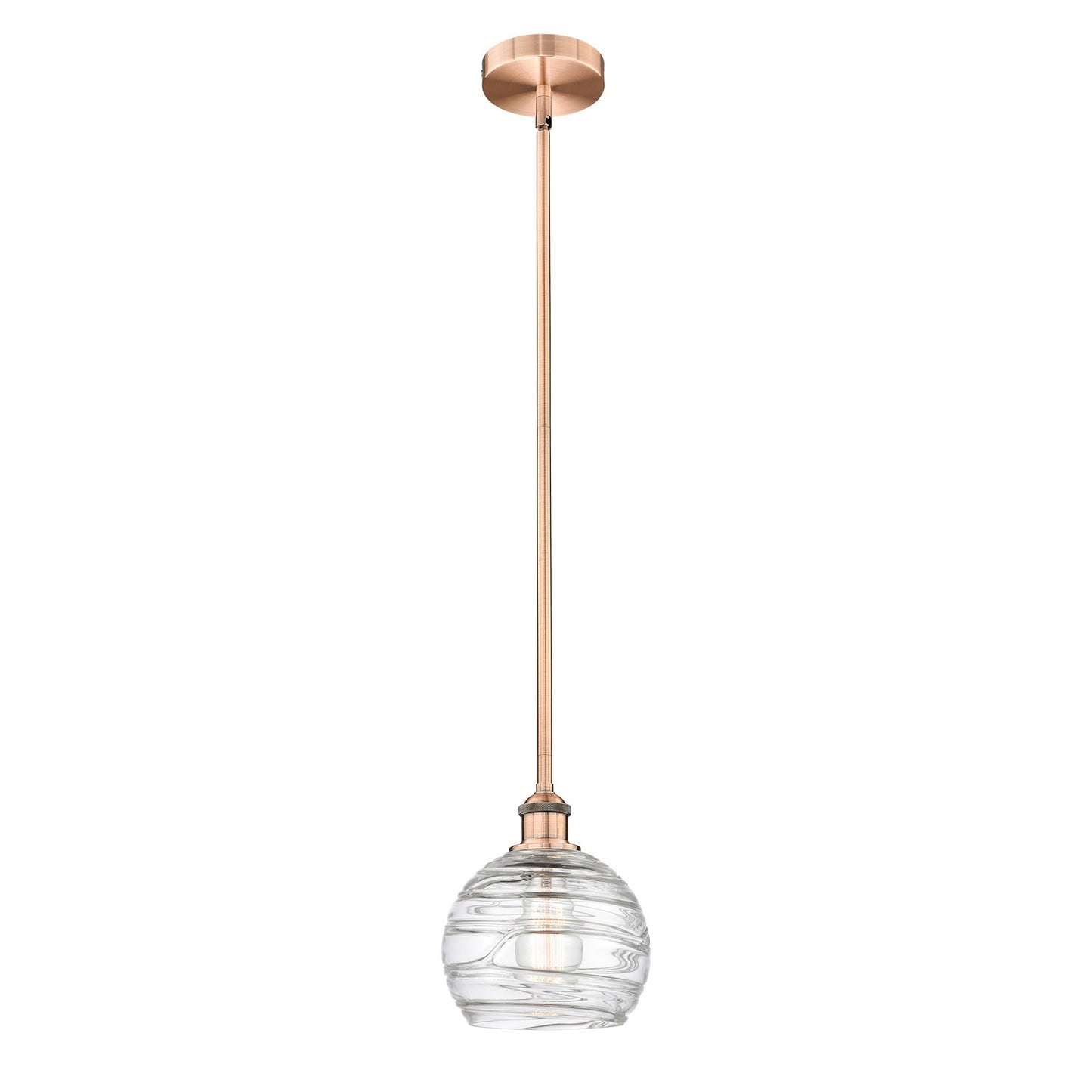 Innovations Athens Deco Swirl 8in 1-Light Mini Pendant | Industrial Antique Copper Steel and Clear Deco Swirl Glass | Kitchen | Model 616-1S-AC-G1213-8CL