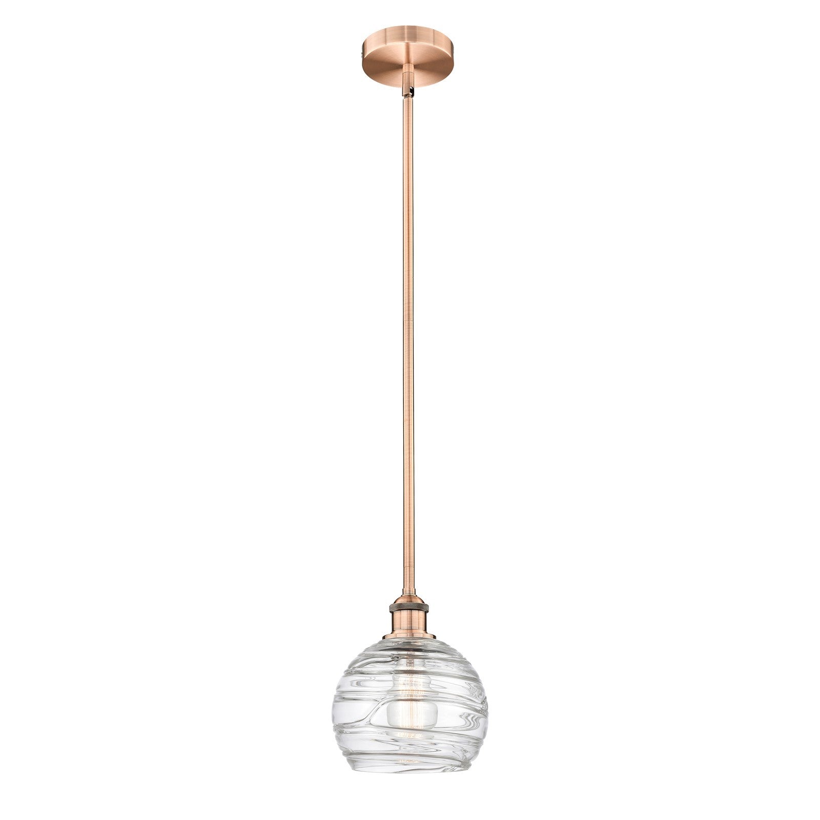 Innovations Athens Deco Swirl 8in 1-Light Mini Pendant | Industrial Antique Copper Steel and Clear Deco Swirl Glass | Kitchen | Model 616-1S-AC-G1213-8CL