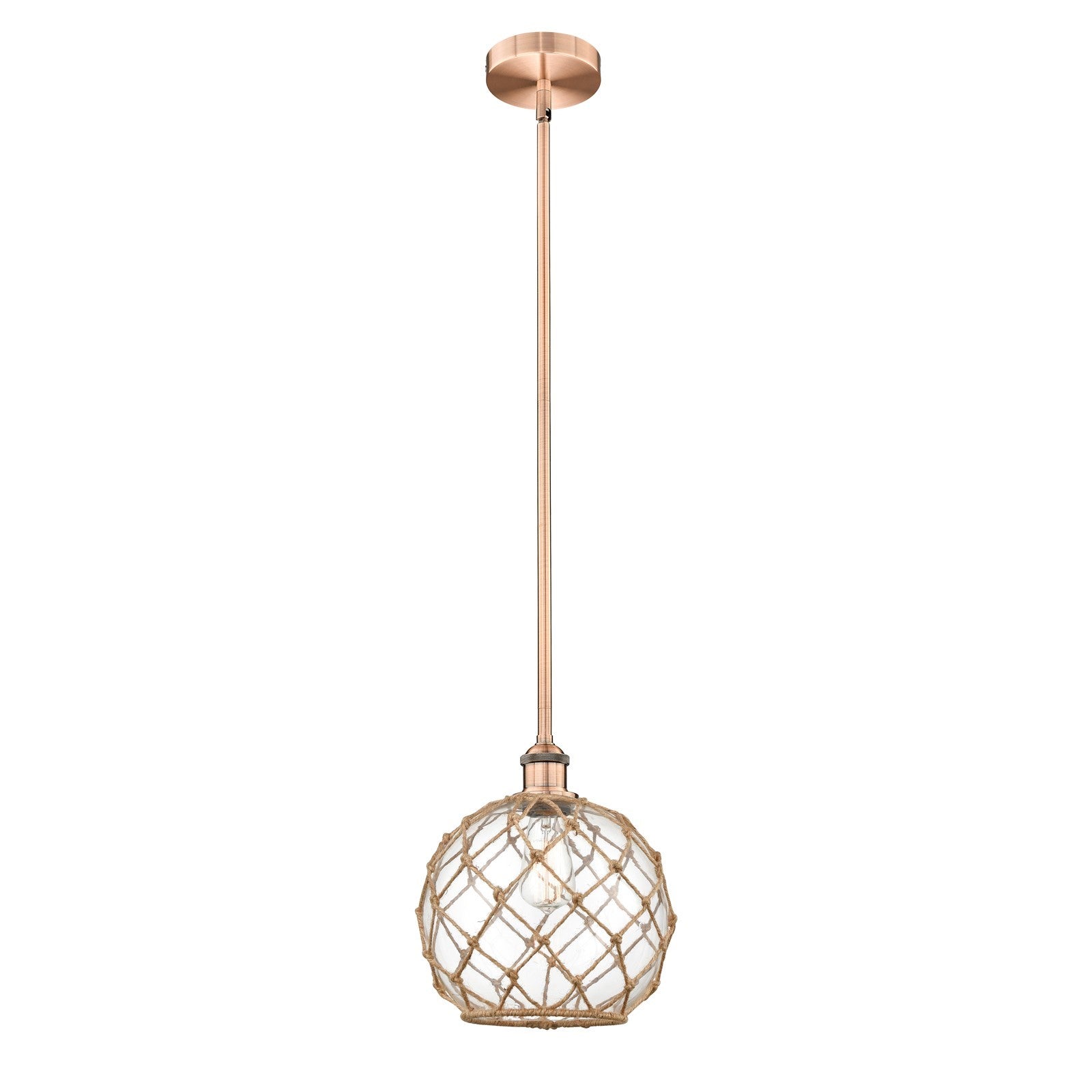 Innovations Farmhouse Rope 10in 1-Light Mini Pendant | Industrial Antique Copper Steel and Clear Glass with Brown Rope | Model 616-1S-AC-G122-10RB-LED