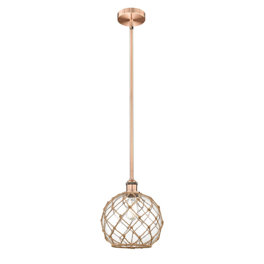 Innovations Farmhouse Rope 10in 1-Light Mini Pendant | Industrial Antique Copper Steel and Clear Glass with Brown Rope | Model 616-1S-AC-G122-10RB-LED