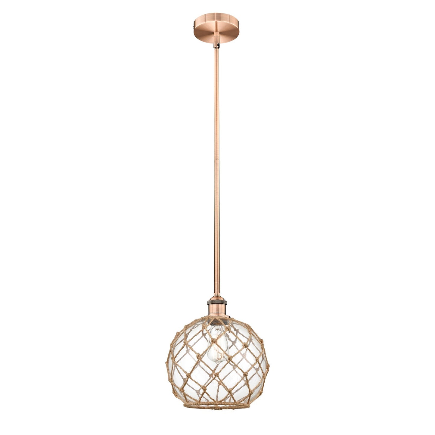 Innovations Farmhouse Rope 10in 1-Light Mini Pendant | Industrial Antique Copper Steel and Clear Glass with Brown Rope | Model 616-1S-AC-G122-10RB-LED