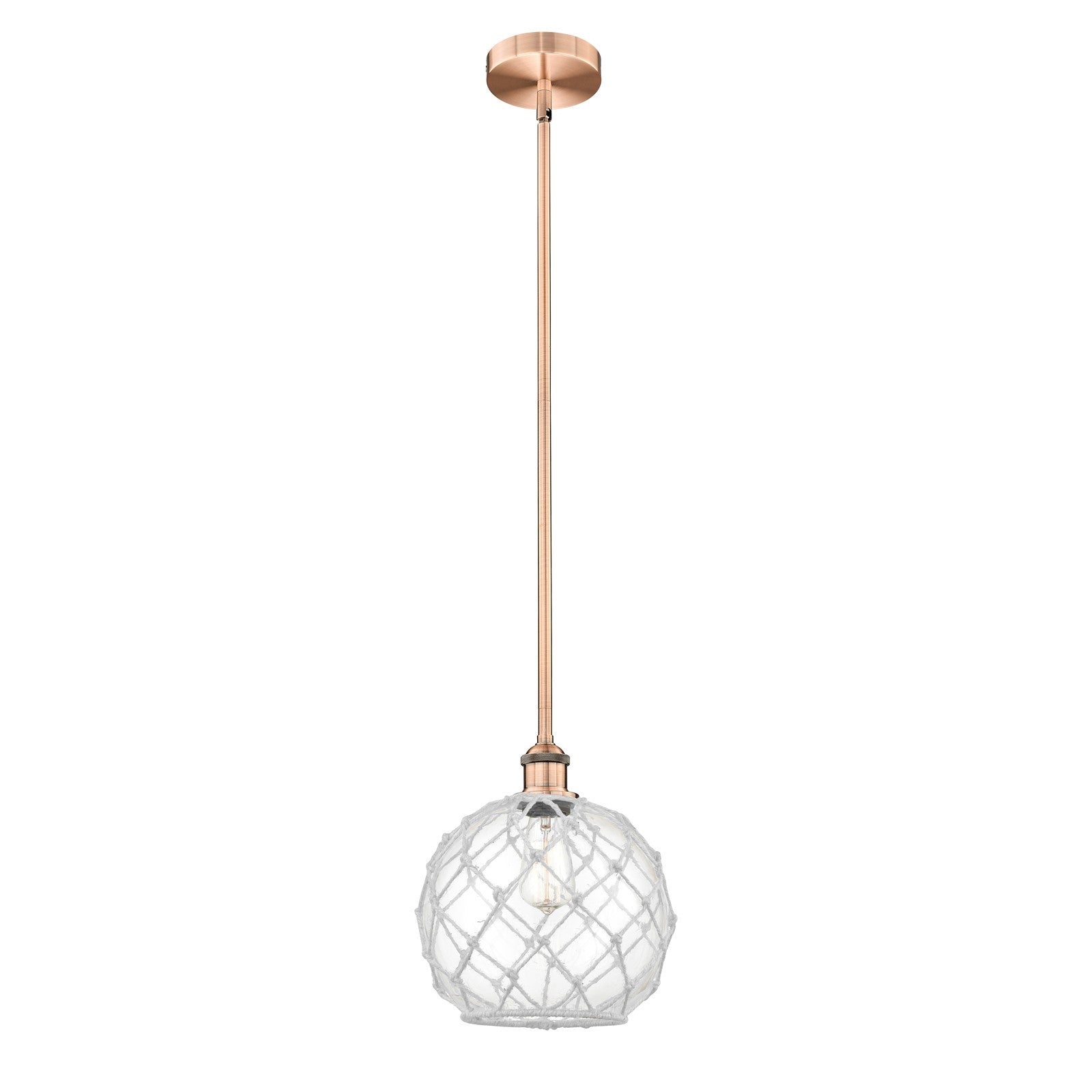 Innovations Farmhouse Rope 10in 1-Light Mini Pendant | Industrial Antique Copper Steel and Clear Glass with White Rope | Model 616-1S-AC-G122-10RW