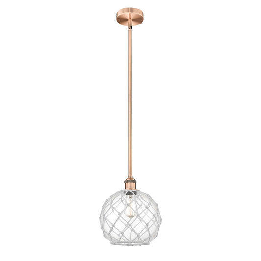 Innovations Farmhouse Rope 10in 1-Light Mini Pendant | Industrial Antique Copper Steel and Clear Glass with White Rope | Model 616-1S-AC-G122-10RW-LED