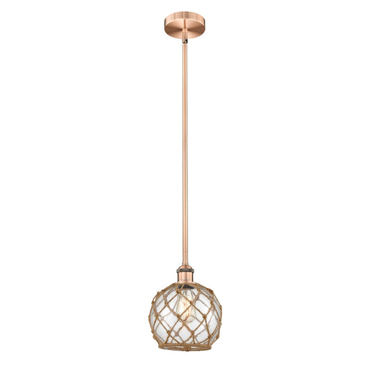 Innovations Farmhouse Rope 8in 1-Light Mini Pendant | Industrial Antique Copper Steel and Clear Glass with Brown Rope | Kitchen | Model 616-1S-AC-G122-8RB