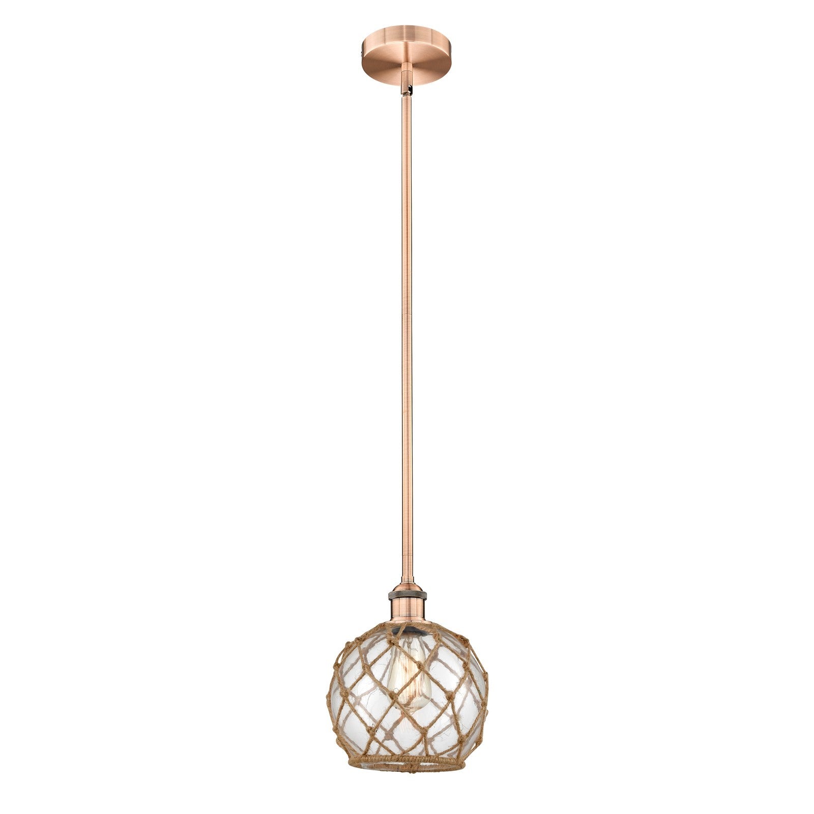 Innovations Farmhouse Rope 8in 1-Light Mini Pendant | Industrial Antique Copper Steel and Clear Glass with Brown Rope | Model 616-1S-AC-G122-8RB-LED