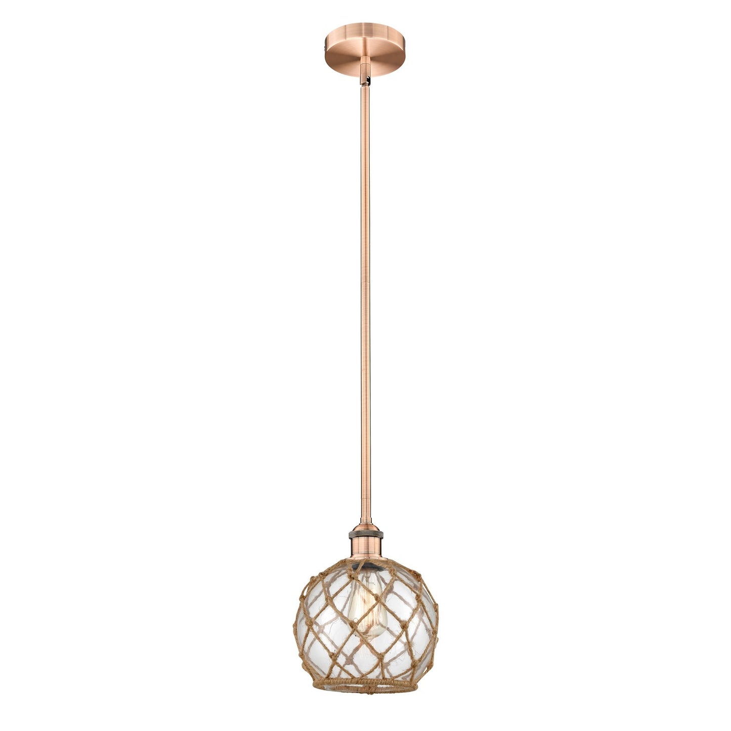 Innovations Farmhouse Rope 8in 1-Light Mini Pendant | Industrial Antique Copper Steel and Clear Glass with Brown Rope | Model 616-1S-AC-G122-8RB-LED
