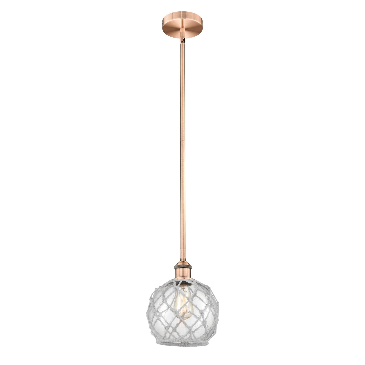 Innovations Farmhouse Rope 8in 1-Light Mini Pendant | Industrial Antique Copper Steel and Clear Glass with White Rope | Kitchen | Model 616-1S-AC-G122-8RW