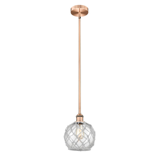 Innovations Farmhouse Rope 8in 1-Light Mini Pendant | Industrial Antique Copper Steel and Clear Glass with White Rope | Kitchen | Model 616-1S-AC-G122-8RW