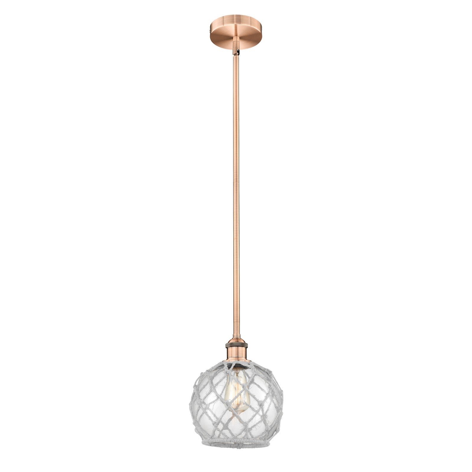 Innovations Farmhouse Rope 8in 1-Light Mini Pendant | Industrial Antique Copper Steel and Clear Glass with White Rope | Model 616-1S-AC-G122-8RW-LED