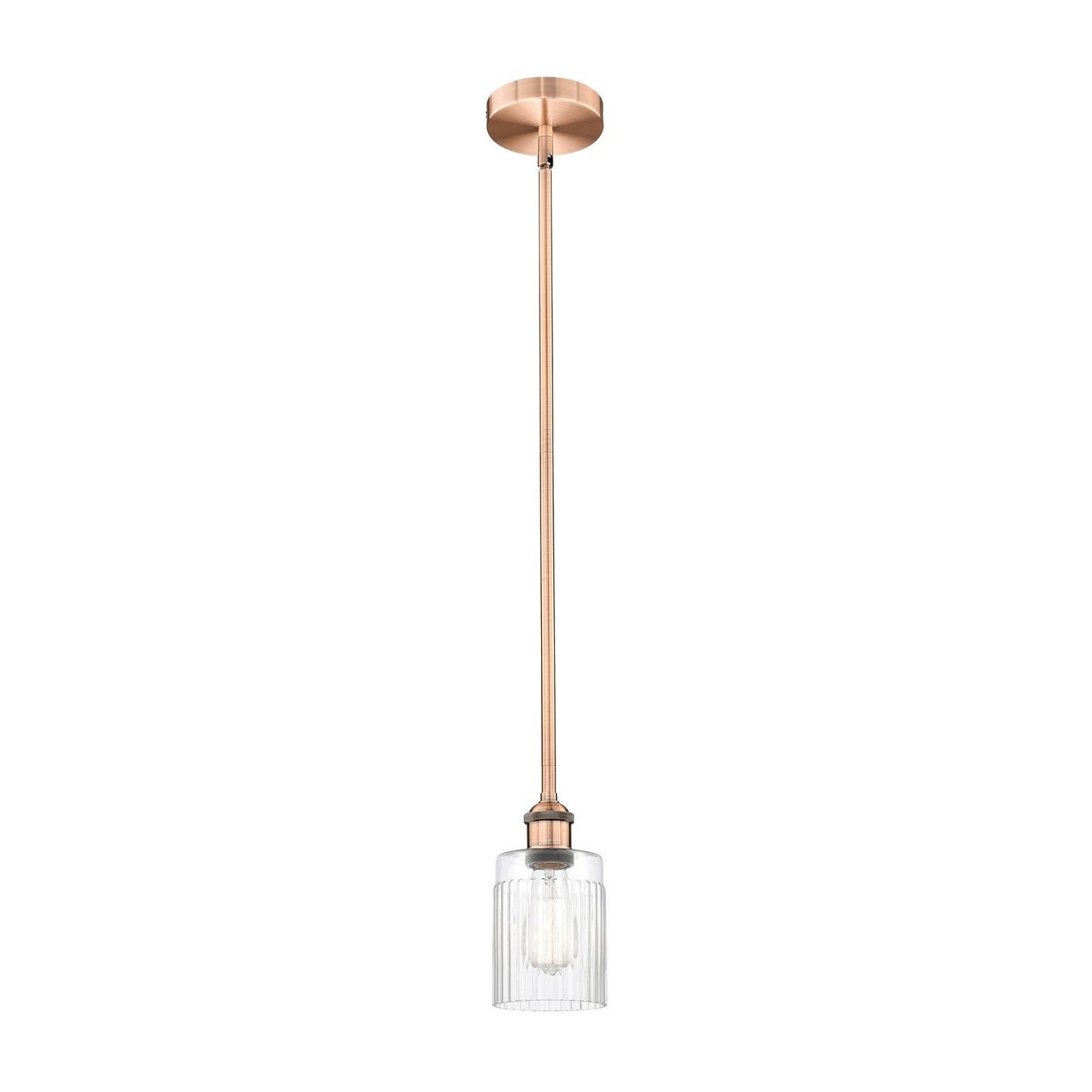 Innovations Hadley 4.5in 1-Light Mini Pendant | Art Nouveau Antique Copper Steel and Clear Ribbed Glass | Kitchen Island & | Model 616-1S-AC-G342-LED