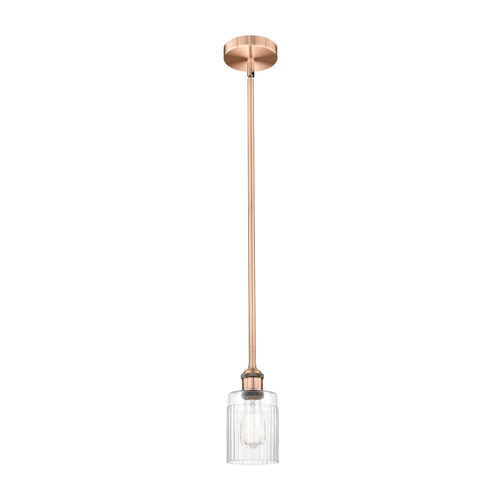 Innovations Hadley 4.5in 1-Light Mini Pendant | Art Nouveau Antique Copper Steel and Clear Ribbed Glass | Kitchen Island & | Model 616-1S-AC-G342-LED