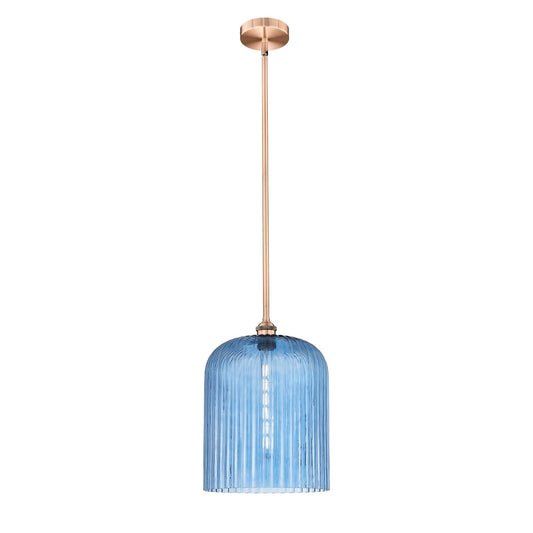 Innovations Bridal Veil 5in 1-Light Mini Pendant | Art Nouveau Antique Copper Steel and Princess Blue Ribbed Glass | Kitchen | Model 616-1S-AC-G559-12BL