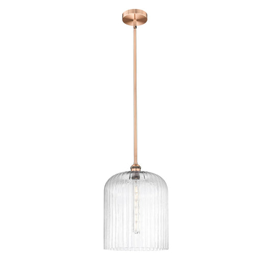 Innovations Bridal Veil 5in 1-Light Mini Pendant | Art Nouveau Antique Copper Steel and Clear Ribbed Glass | Kitchen Island & | Model 616-1S-AC-G559-12CL