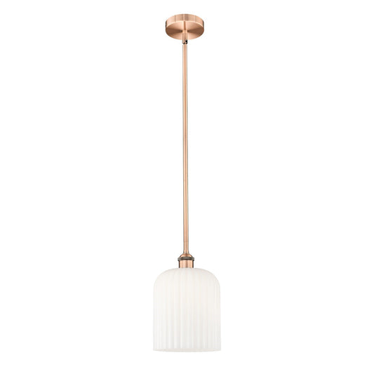 Innovations Bridal Veil 5in 1-Light Mini Pendant | Art Nouveau Antique Copper Steel and Gloss White Ribbed Glass | Kitchen | Model 616-1S-AC-G559-8GWH