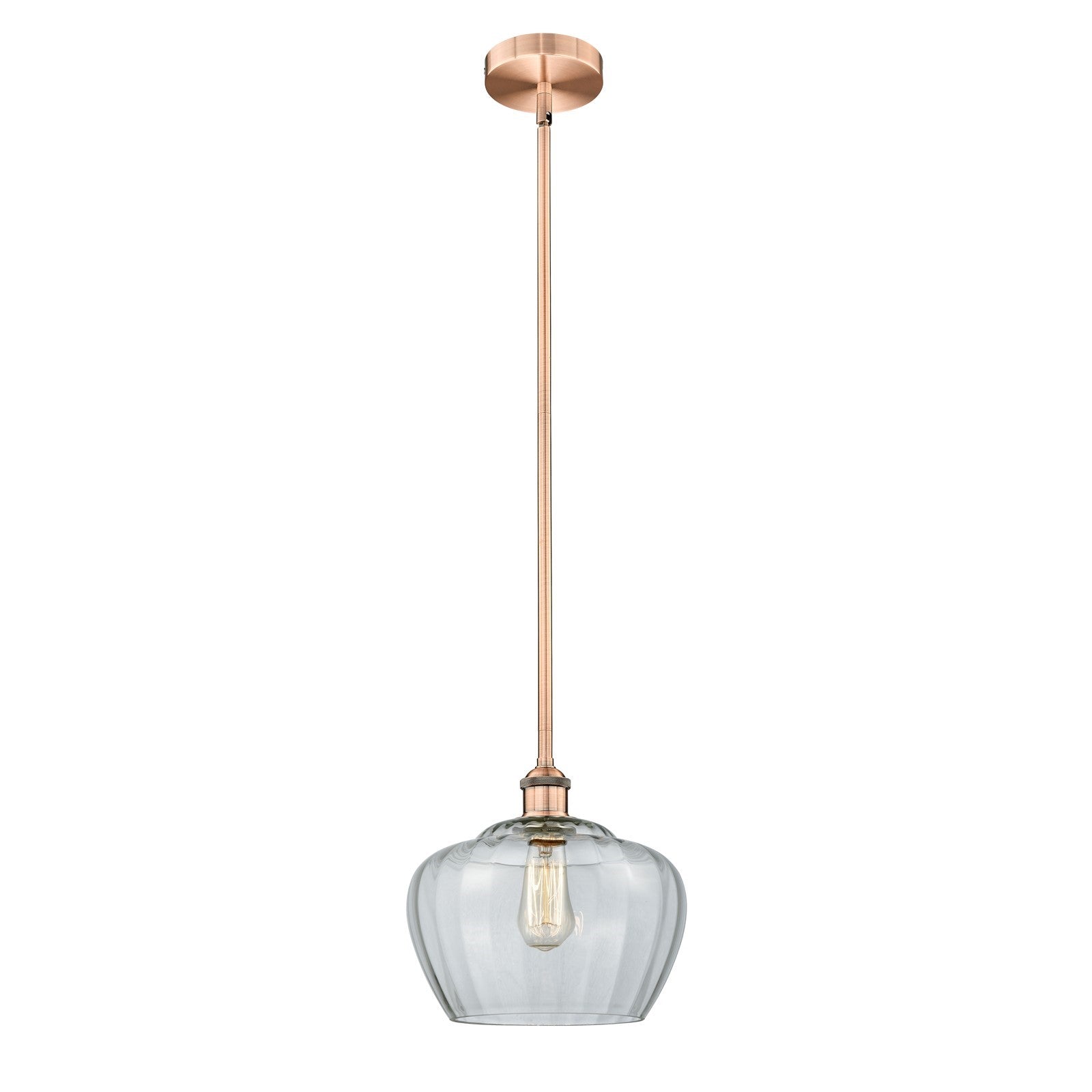 Innovations Fenton 11in 1-Light Mini Pendant | Industrial Antique Copper Steel and Clear Ribbed Glass | Kitchen Island & | Model 616-1S-AC-G92-L-LED