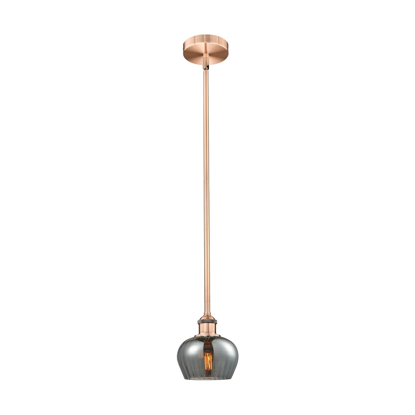 Innovations Fenton 7in 1-Light Mini Pendant | Art Nouveau Industrial Antique Copper Steel and Light Smoke Ribbed Glass | Kitchen | Model 616-1S-AC-G93