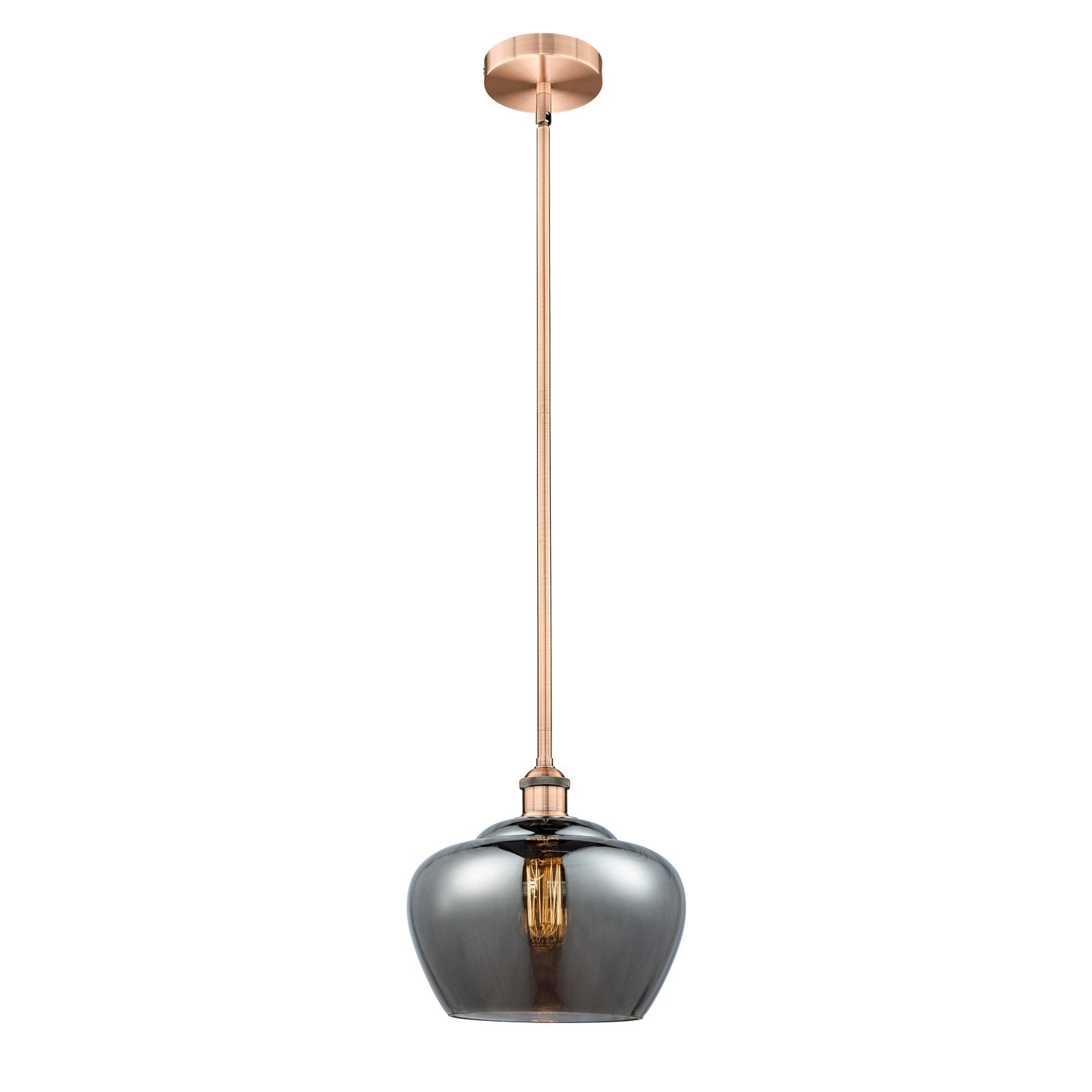 Innovations Fenton 11in 1-Light Mini Pendant | Industrial Antique Copper Steel and Light Smoke Ribbed Glass | Kitchen Island & | Model 616-1S-AC-G93-L