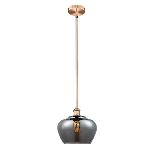 Innovations Fenton 11in 1-Light Mini Pendant | Industrial Antique Copper Steel and Light Smoke Ribbed Glass | Kitchen Island & | Model 616-1S-AC-G93-L