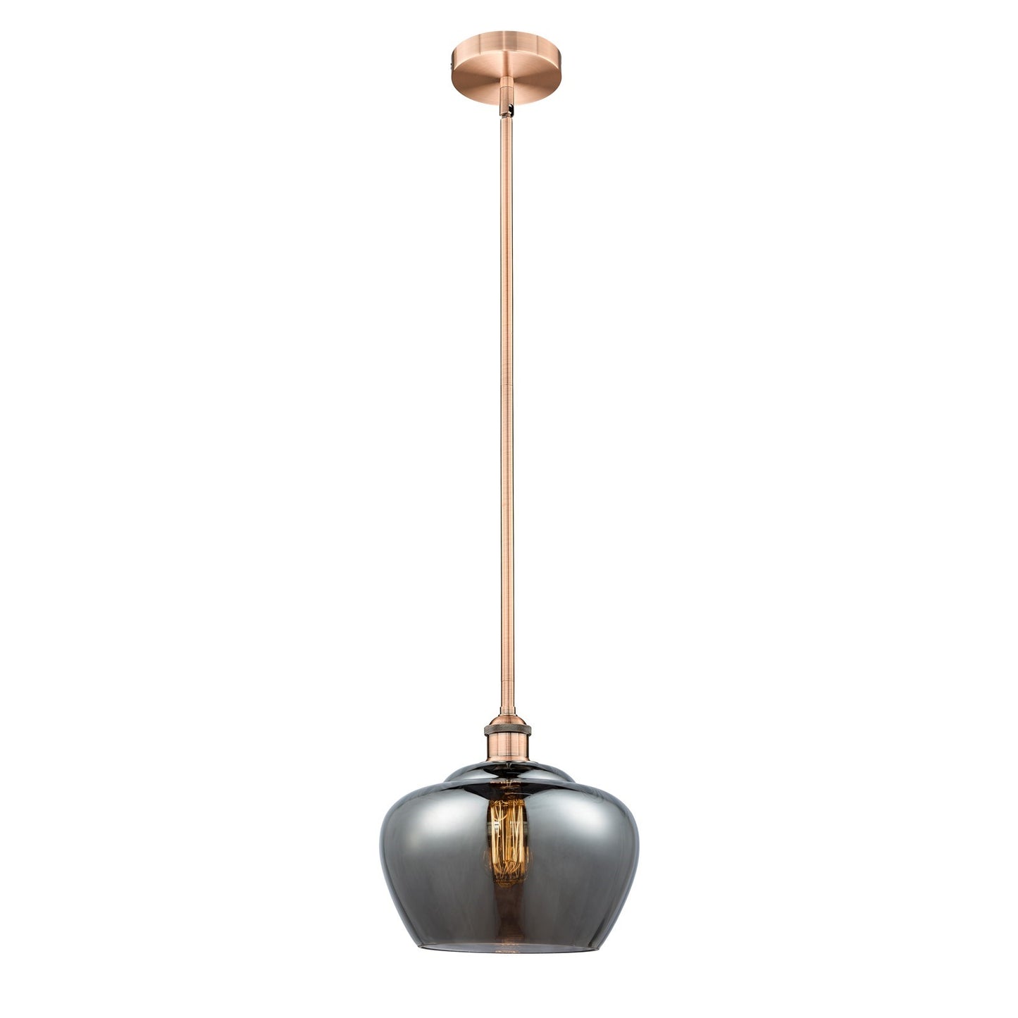 Innovations Fenton 11in 1-Light Mini Pendant | Industrial Antique Copper and Light Smoke Ribbed Glass | Kitchen Island | 11 x | Model 616-1S-AC-G93-L-LED