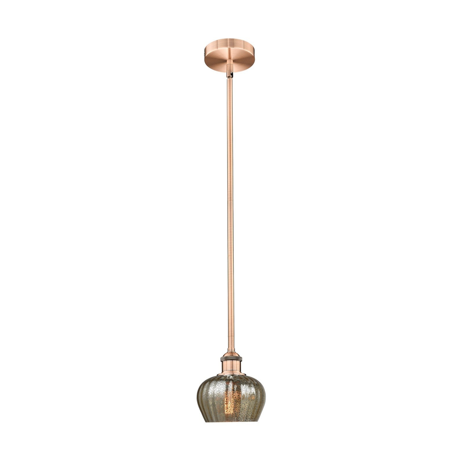 Innovations Lighting Fenton 6.5in 1-Light Mini Pendant | Industrial Antique Copper Steel and Mercury Ribbed Glass | Kitchen | Model 616-1S-AC-G96-LED