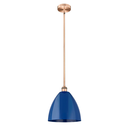 Innovations Plymouth 12in 1-Light Mini Pendant | Industrial Farmhouse Antique Copper Steel and Matte Blue Metal Shade | Model 616-1S-AC-MBD-12-BL-LED