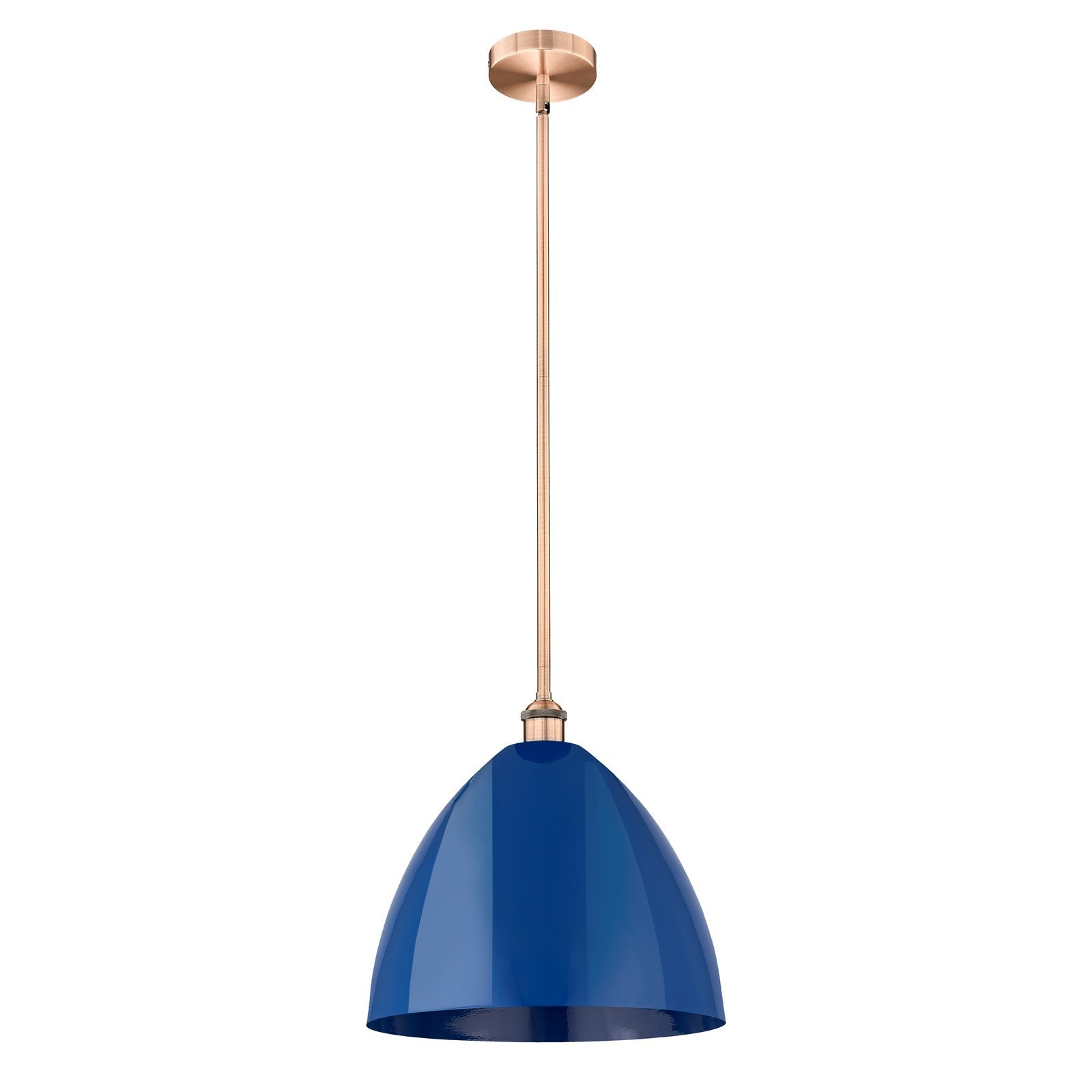 Innovations Plymouth 16in 1-Light Mini Pendant | Industrial Antique Copper and Matte Blue Metal Shade | Kitchen Island & | Model 616-1S-AC-MBD-16-BL