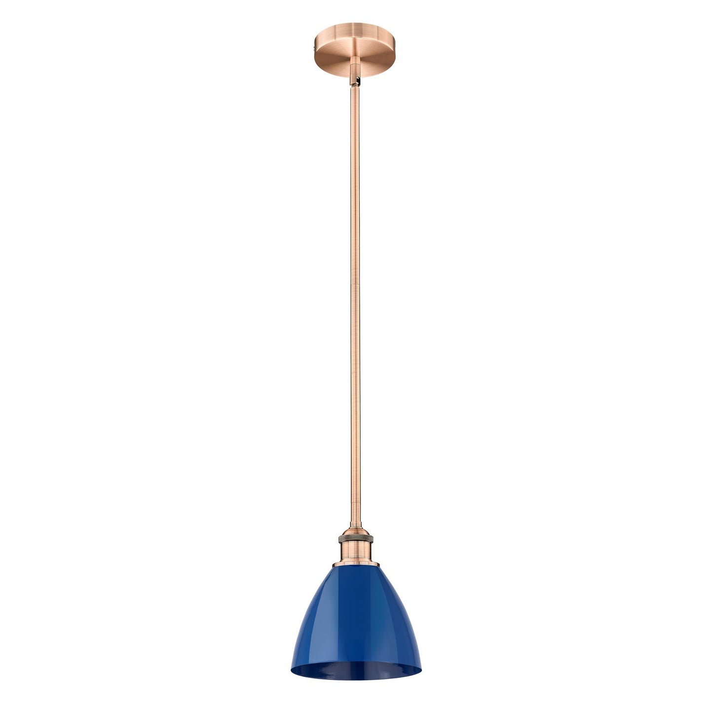 Innovations Plymouth 1-Light 7.5in Mini Pendant | Industrial Farmhouse Antique Copper Steel and Matte Blue Metal Shade | Model 616-1S-AC-MBD-75-BL