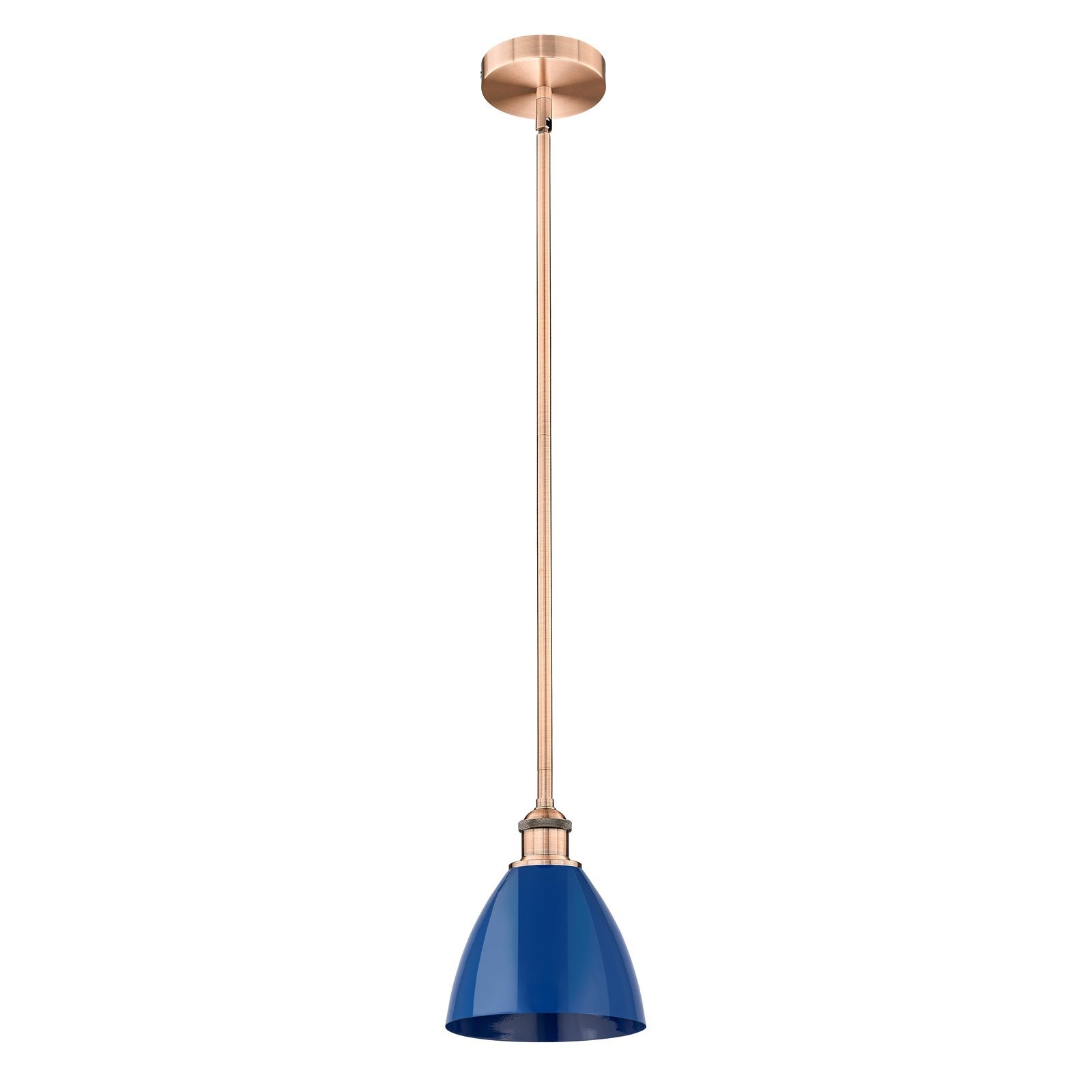 Innovations Plymouth 1-Light 7.5in Mini Pendant | Industrial Farmhouse Antique Copper Steel and Matte Blue Metal Shade | Model 616-1S-AC-MBD-75-BL