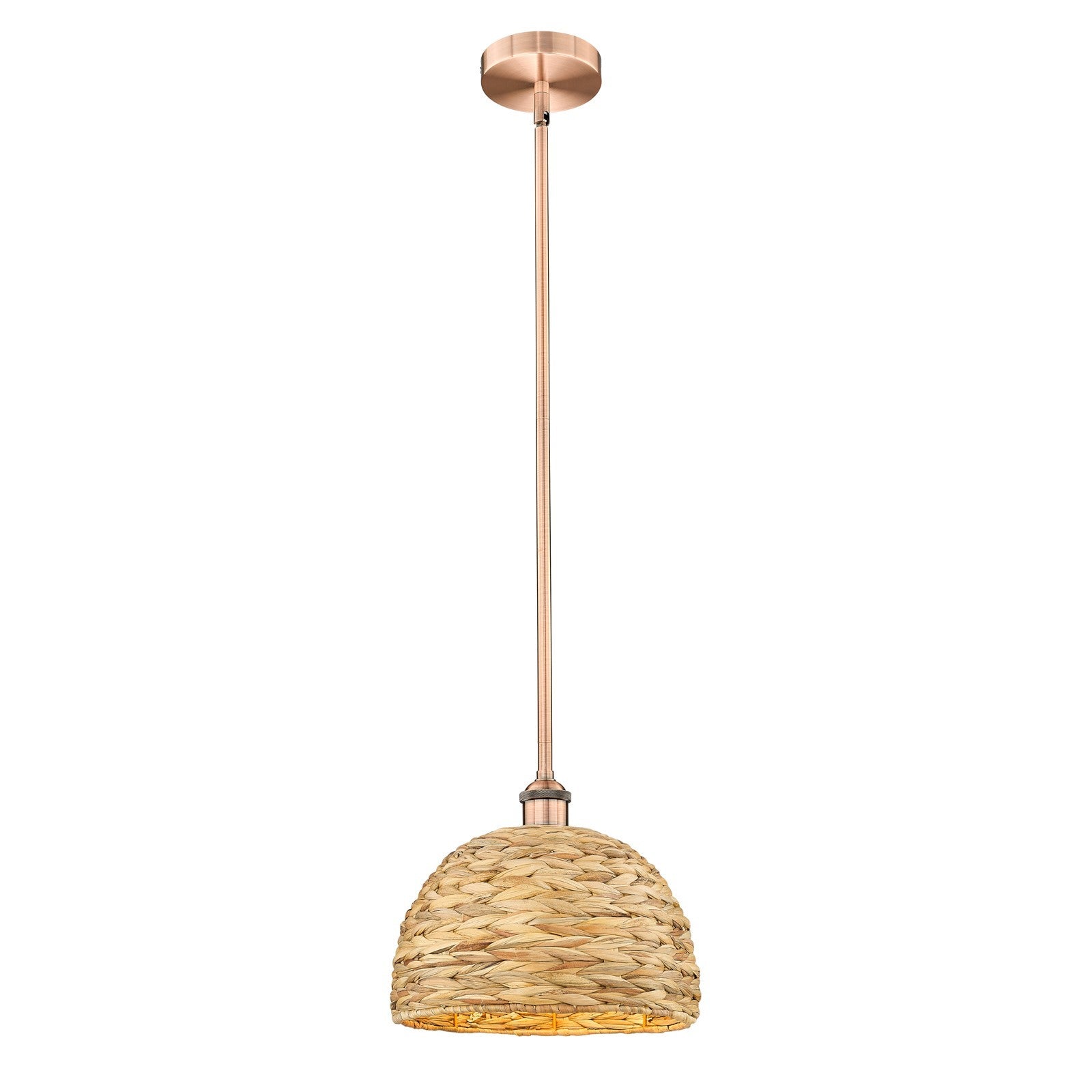 Innovations Woven Rattan 12in 1-Light Mini Pendant | Industrial Antique Copper Steel and Natural Rattan | Kitchen Island & | Model 616-1S-AC-RBD-12-NAT